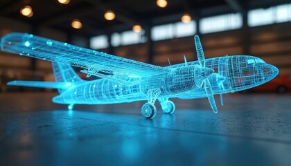 Blueprint model airplane with glowing blue lines on transparent wireframe. Futuristic aircraft design details visible. Ready for aviation industry innovation.