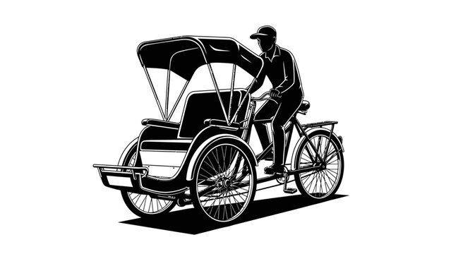 Traditional Cycle Rickshaw or Becak with Driver Illustration.
