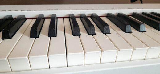 Black and white shiny piano keys close-up