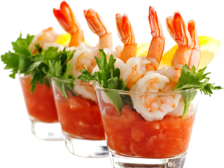 Shrimp cocktail in a glass with lemon isolated on transparent background. Perfect for seafood menus, restaurant ads, and festive food visuals..