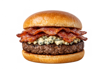Gourmet bacon blue cheese burger with beef patty and brioche bun on a transparent background