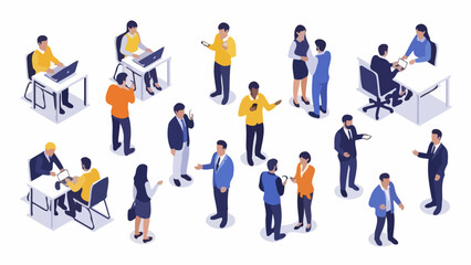 Isometric illustration depicting a diverse group of people engaged in various business-related activities and interactions within an office setting.