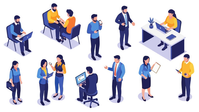 Isometric illustration of diverse professionals collaborating and working in a modern office environment, showcasing teamwork and productivity.