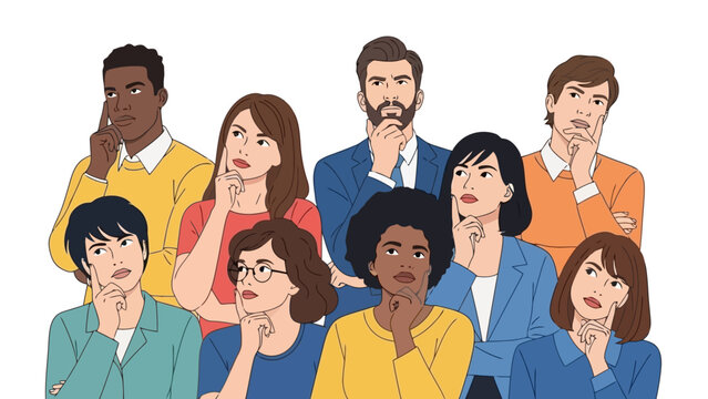 A diverse group of people of various ages and ethnicities are shown in a thoughtful pose, with their hands on their chins, looking upwards.