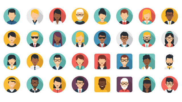 A diverse collection of flat design avatar icons representing various people with different hairstyles, ethnicities, and clothing styles.