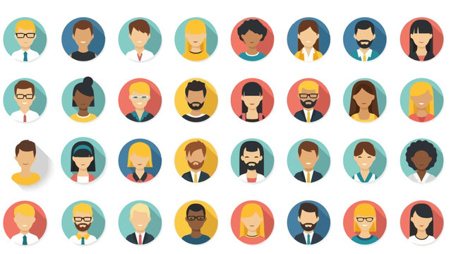 A diverse collection of flat design avatar icons representing various people with different hairstyles, ethnicities, and genders, set against colorful circular backgrounds.