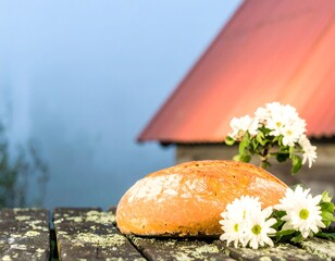 Rustic Bread on Wooden Table near Fogged Window
