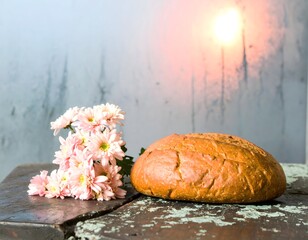 Rustic Bread on Wooden Table near Fogged Window