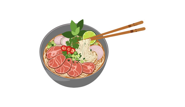 Traditional Vietnamese Beef Pho Noodle Soup Illustration.