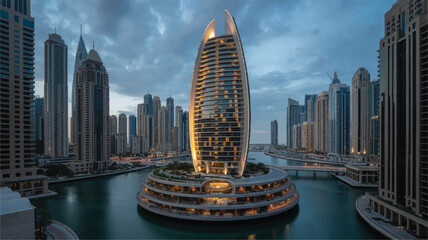 Obraz premium Modern cityscape with tall buildings and a large body of water at dusk