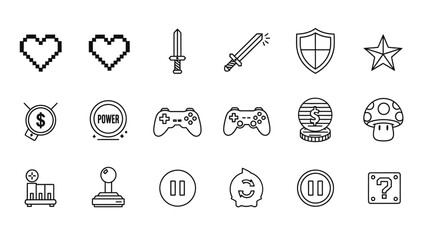 Fototapeta premium Retro Video Game Interface Icons Set Line Art.