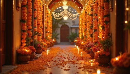 Beautiful Indian home corridor decorated with marigold flowers, bright string lights. Orange flower garlands hang along walls. Candles glow softly on floor scattered with petals. Creates festive