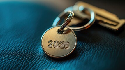 Close-up of a golden keychain tag engraved with the year 2026 on a textured leather surface