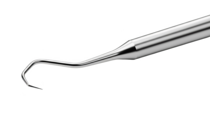 Dental explorer instrument with curved sharp tip and metallic handle isolated on a transparent background