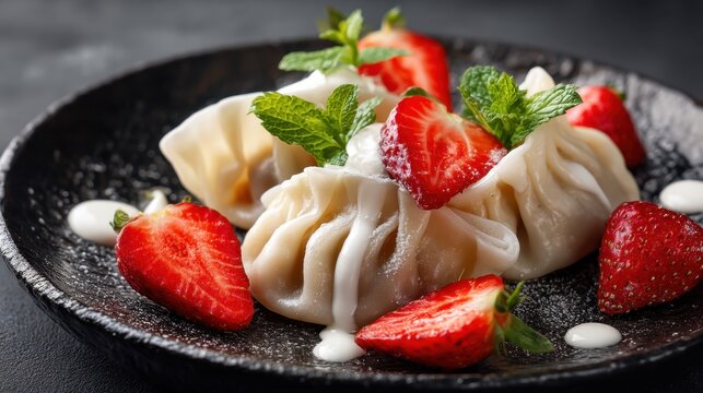 Delicious strawberry dessert dumplings with mint and cream.