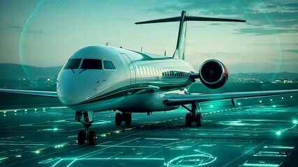Modern private jet parked on illuminated runway with digital navigation graphics highlighting advanced aviation technology and smart air transport systems - Powered by Adobe