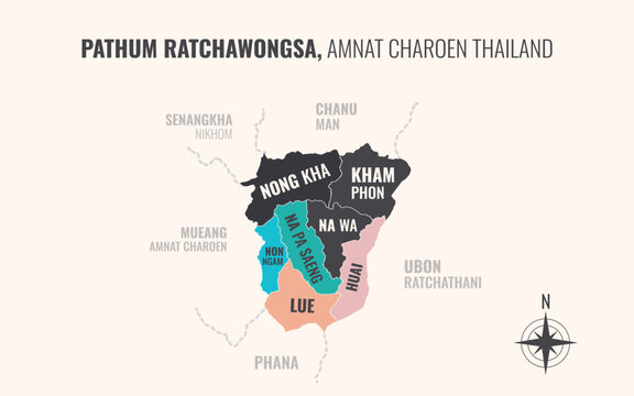 Map showing Pathum Ratchawongsa District Amnat Charoen Thailand divided into sub districts with minimalist colorful patterns