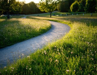 Obraz premium A serene pathway winding through a lush green meadow with vibrant wildflowers and tall trees under a sunny sky