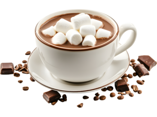 Warm cup of hot chocolate topped with marshmallows isolated on transparent background, perfect for winter drinks, cafe menus, and cozy designs.