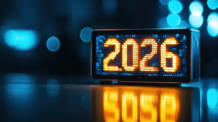 Digital clock displaying the year 2026, illuminated against a blurred blue background
