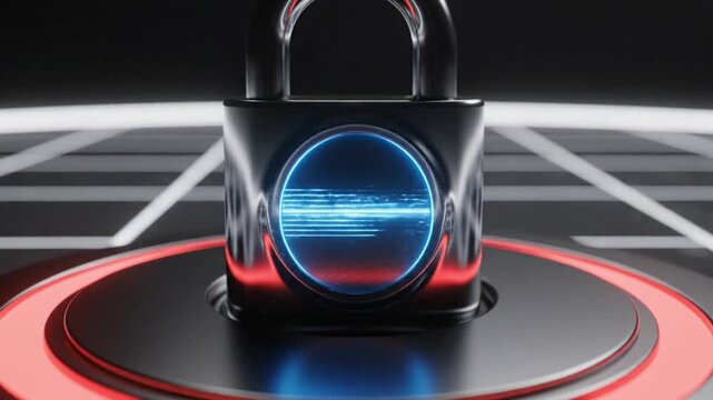 A video showcasing a futuristic padlock with a glowing blue light on a sleek black and red platform Connectioneering concept Footage
