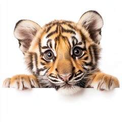 Obraz premium Curious baby tiger cub peeking over white background with wide eyes and playful expression in closeup portrait