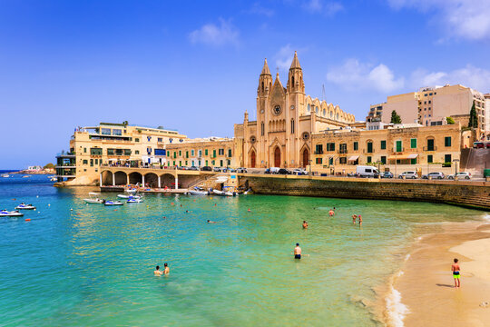 St. Julian's, Malta. Our Lady of Mount Carmel Church on Balluta Bay.