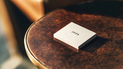 A minimalistic 2026 calendar resting on a polished wooden table in a cozy setting
