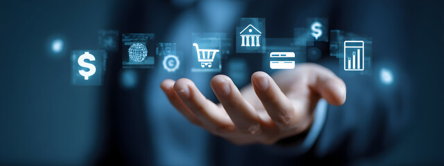 Digital financial services and online payment icons hover over a person's outstretched hand