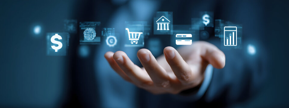 Digital financial services and online payment icons hover over a person's outstretched hand - Powered by Adobe