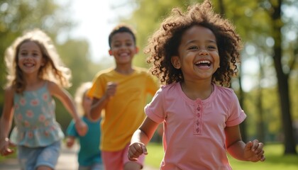 Diverse group children run outside in park. Kids enjoy race. Smiling girls, boys play game together. Childhood friends play in summer, fun, express positive emotions. Concept childhood friendship.