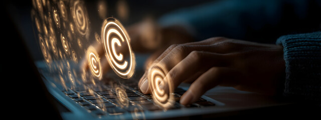 Securing Digital Content Hands typing on a laptop keyboard, illuminated by glowing copyright symbols representing intellectual property and online asset protection