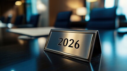 Conference Room Setting with a Focus on a Nameplate Reading '2026' and Modern Decor