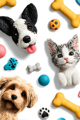Colorful handcrafted pet collection with adorable dog and cat faces, playfully arranged alongside vibrant toys, bones, and paw prints on a pristine white background