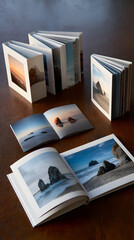A collection of beautifully crafted photo books, open to display breathtaking landscape photography and travel memories, artfully arranged on a wooden table