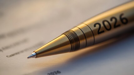 Close-up of a gold pen with the year 2026 engraved, resting on a document with blurred text