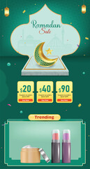 Ramadan Grand Sale Landing Page Design Vector Illustration For Website and Mobile On Green Background. Islamic Festival Sale E-commerce Design Illustration.