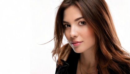 Naklejka premium Portrait of a beautiful woman with long brown hair against white background.