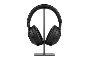 Black Wireless Headphones Displayed on a Stand Showcasing Modern Design on Transparent Background