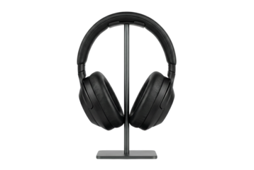 Black Wireless Headphones Displayed on a Stand Showcasing Modern Design on Transparent Background