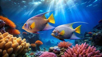 Beneath sunlit ocean surface, vibrant coral formations teem with life as two graceful aquatic creatures explore their stunning azure habitat
