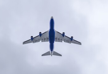 jumbo jet airplane flying in the sky with white and blue colors