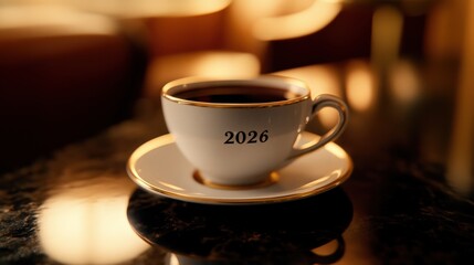 Elegant coffee cup with the year 2026 displayed, resting on a polished table in a warm caf? ambiance