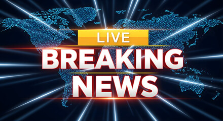 Live breaking news template with world map digital pattern and lighting effect, red and white text, futuristic design, modern technology and global communication