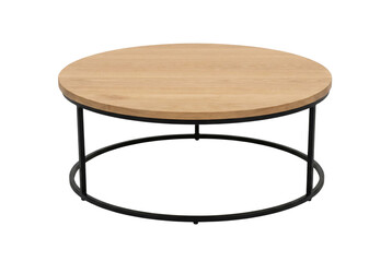 Round Wooden Coffee Table with Metal Frame Featuring Modern Minimalist Design on Transparent Background