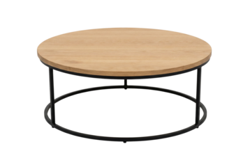 Round Wooden Coffee Table with Metal Frame Featuring Modern Minimalist Design on Transparent Background