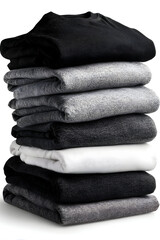 A neatly folded stack of soft, comfortable sweaters in various shades of gray and black, perfect for a minimalist wardrobe