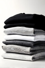 Stack of folded garments in various shades of gray, white, and black, organized neatly on a white background