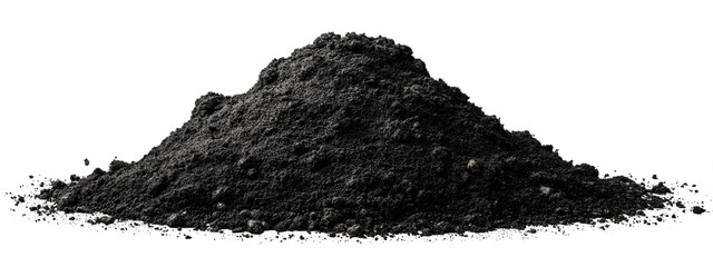 A detailed image of a rich mound of fertile dark soil, perfect for gardening and agriculture, presented on a clean white background