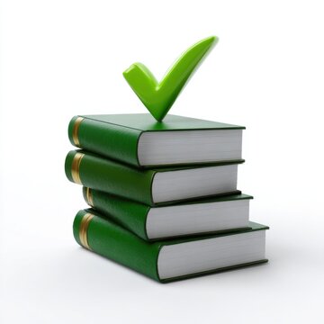 Green checkmark on stack of books symbolizing knowledge and approval